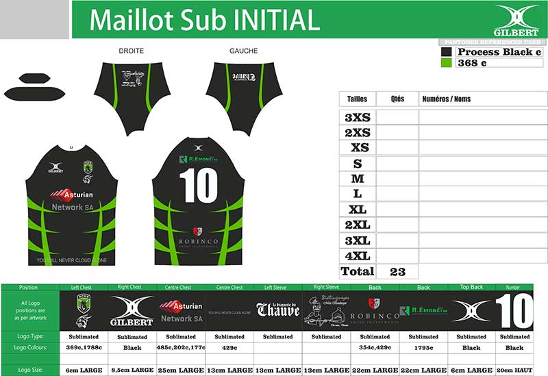 Maillot rugby Gilbert - modèle sublimé INITIAL 100